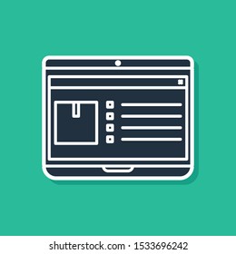 Blue Laptop with app delivery tracking icon isolated on green background. Parcel tracking.  Vector Illustration