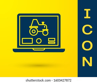 Blue Laptop application for control a autonomous tractor on a smart farm icon isolated on yellow background. Smart agriculture implement.  Vector Illustration