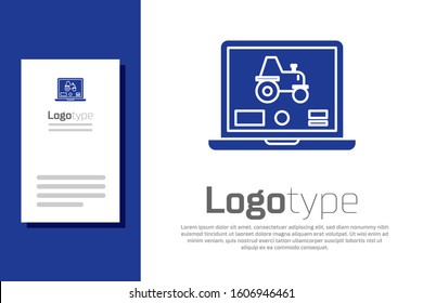 Blue Laptop application for control a autonomous tractor on a smart farm icon isolated on white background. Smart agriculture implement. Logo design template element. Vector Illustration