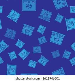 Blue Laptop application for control a autonomous tractor on a smart farm icon isolated seamless pattern on blue background. Smart agriculture implement.  Vector Illustration