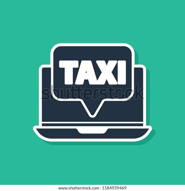 Blue Laptop call taxi service icon isolated\
on green background.  Vector\
Illustration