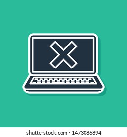 Blue Laptop and cross mark on screen icon isolated on green background. Error window, exit button, cancel, 404 error page not found concept.  Vector Illustration