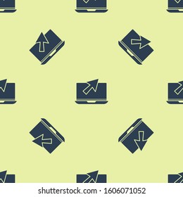 Blue Laptop and cursor icon isolated seamless pattern on yellow background. Computer notebook with empty screen sign.  Vector Illustration