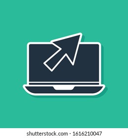 Blue Laptop and cursor icon isolated on green background. Computer notebook with empty screen sign.  Vector Illustration