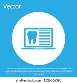 Blue Laptop with dental card or patient medical records icon isolated on blue background. Dental insurance. Dental clinic report. White circle button. Flat design. Vector Illustration