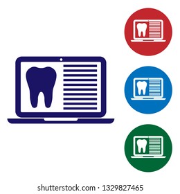 Blue Laptop with dental card or patient medical records icon isolated on white background. Dental insurance. Dental clinic report. Set color icon in circle buttons. Vector Illustration