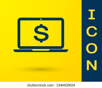 Blue Laptop with dollar symbol icon isolated on yellow background. Online shopping concept. Economy concept. Vector Illustration