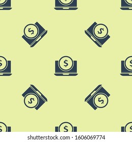 Blue Laptop with dollar symbol icon isolated seamless pattern on yellow background. Online shopping concept. Earnings in the Internet, marketing.  Vector Illustration