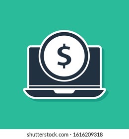 Blue Laptop with dollar symbol icon isolated on green background. Online shopping concept. Earnings in the Internet, marketing.  Vector Illustration