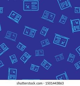 Blue Laptop with electronic boarding pass airline ticket icon isolated seamless pattern on blue background. Passenger plane mobile ticket for web and app.  Vector Illustration