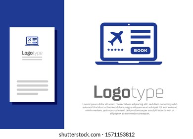 Blue Laptop with electronic boarding pass airline ticket icon isolated on white background. Passenger plane mobile ticket for web and app. Logo design template element. Vector Illustration