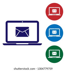 Blue Laptop with envelope and open email on screen icon isolated on white background. Email marketing, internet advertising concepts. Set color icon in circle buttons. Vector Illustration