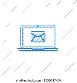 Blue Laptop with envelope and open email on screen line icon isolated on white background. Email marketing, internet advertising concepts. Vector Illustration