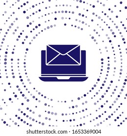 Blue Laptop with envelope and open email on screen icon isolated on white background. Email marketing, internet advertising concepts. Abstract circle random dots. Vector Illustration