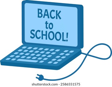 Blue laptop featuring a back to school message symbolizes a learning opportunity, with its power cord creatively forming an infinity symbol, representing endless possibilities in education