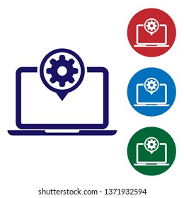 Blue Laptop and gear icon isolated on white background. Laptop service concept. Adjusting app, setting options, maintenance, repair, fixing. Set color icon in circle buttons. Vector Illustration