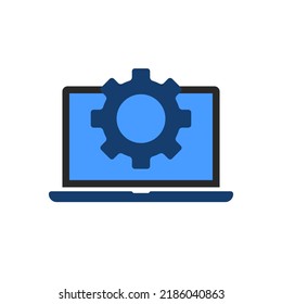 Blue Laptop With Gear Icon Like Tech Support. Flat Trend Modern Simple Logotype Design Web Element Isolated On White Background. Concept Of Development Or Devops Service Badge And Download Program