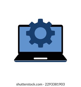 blue laptop with gear icon like tech support. flat trend modern simple logotype design web element isolated on white background. concept of development or devops service badge and download program