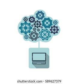 blue laptop with gears cloud icon, vector illustraction design