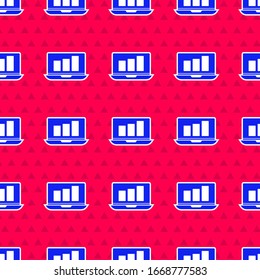 Blue Laptop with graph chart icon isolated seamless pattern on red background. Report text file icon. Accounting sign. Audit, analysis, planning.  Vector Illustration