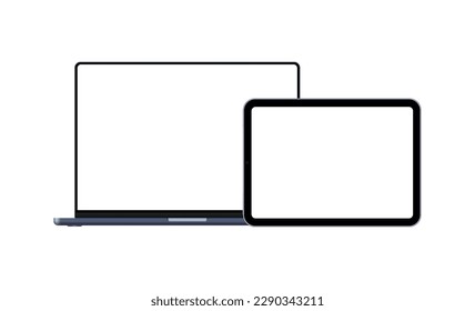 Blue Laptop and Horizontal Tablet Computer With Blank Screens, Isolated on White Background. Vector Illustration