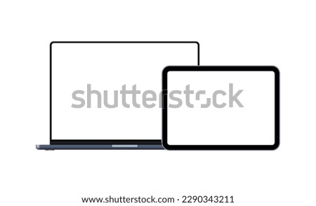 Blue Laptop and Horizontal Tablet Computer With Blank Screens, Isolated on White Background. Vector Illustration
