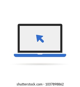 Blue Laptop Icon With Cursor. Concept Of Using A Mobile Computer Or Search Click Arrow For Website. Flat Style Trend Modern Simple Abstract Logotype Graphic Design Isolated On White Background