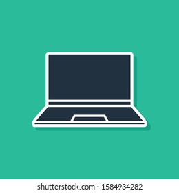 Blue Laptop icon isolated on green background. Computer notebook with empty screen sign.  Vector Illustration