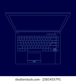 A blue laptop with a keyboard and a mouse. The laptop is open and the keyboard is visible