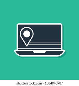 Blue Laptop with location marker icon isolated on green background.  Vector Illustration