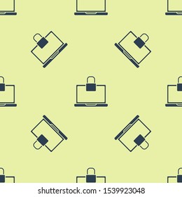 Blue Laptop and lock icon isolated seamless pattern on yellow background. Computer and padlock. Security, safety, protection concept. Safe internetwork.  Vector Illustration