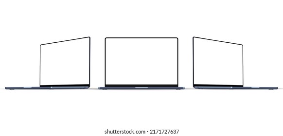 Blue Laptop Mockup With Blank Screen, Front and Side Perspective View, Isolated on White Background. Vector Illustration