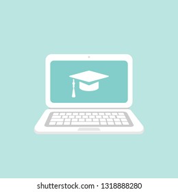 Blue laptop monitor with graduation cap or mortar board. isolated on blue. Flat vector simple icon. Internet knowledge symbol. Good for web and mobile design.  on-line education sign. 