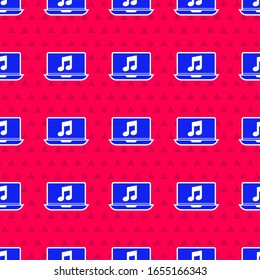 Blue Laptop with music note symbol on screen icon isolated seamless pattern on red background.  Vector Illustration