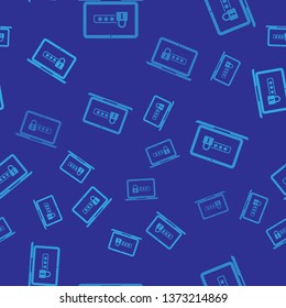 Blue Laptop with password notification and lock icon isolated seamless pattern on blue background. Concept of security, personal access, user authorization, login form. Vector Illustration