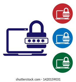 Blue Laptop with password notification and lock icon on white background. Concept of security, personal access, user authorization, login form. Set color icon in circle buttons. Vector Illustration