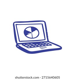 Um laptop azul com um gráfico de pizza na tela desenhado em um plano de fundo branco