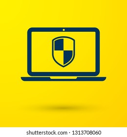 Blue Laptop protected with shield symbol icon isolated on yellow background. Internet security concept. PC security, firewall technology, privacy safety. Vector Illustration