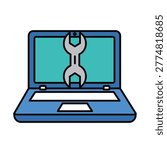 Blue laptop screen with crossed wrenches icon for tech repair or maintenance Vector