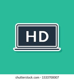 Blue Laptop screen with HD video technology icon isolated on green background.  Vector Illustration