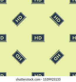 Blue Laptop screen with HD video technology icon isolated seamless pattern on yellow background.  Vector Illustration