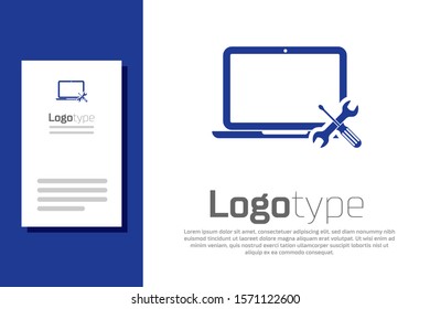 Blue Laptop with screwdriver and wrench icon isolated on white background. Adjusting, service, setting, maintenance, repair, fixing. Logo design template element. Vector Illustration