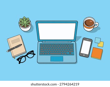 Blue laptop workspace flat lay with notebook, phone, coffee, glasses and succulent plant