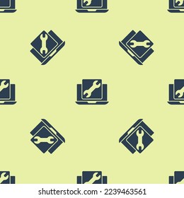 Portátil azul con icono de llave aislado en un patrón transparente sobre fondo amarillo. Ajuste, servicio, configuración, mantenimiento, reparación, arreglo.  Vector