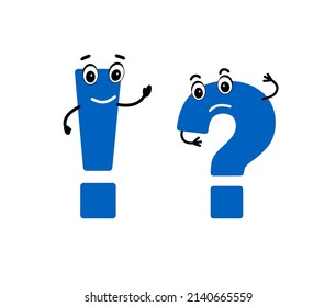 Marca de interrogación Blue Large y signo de exclamación. Un diálogo entre dos caracteres de dibujos animados.  Concepto hace una pregunta y obtiene una respuesta. Ilustración vectorial.