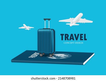 blue large travel bag place on passport And above there are two planes flying,vector 3d for air transport system and travel concept design