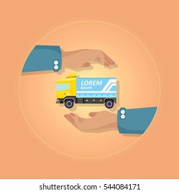 Blue large truck with emblem on orange background vector illustration. Motor vehicle designed to transport cargo. At circle two hands present semitrailer lorry with wheels cabin door insurance concept