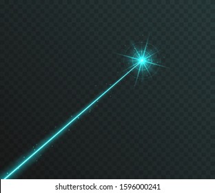 Blue laser beam light effect isolated on transparent background. turquoise neon light ray with sparkles.
