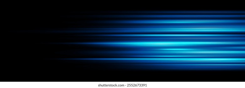 Blaue Laserstrahlen. Abstrakter Lichteffekt. Blaue Linsen leuchten auf. Strahlen, die auf dunklem Hintergrund mit Lichtgeschwindigkeit leuchten, Vektorgrafik.