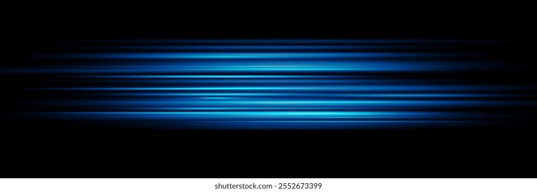 Blue laser beams. Abstract light effect. Blue lens flares up. Rays glowing on dark background with speed of light, vector illustration.